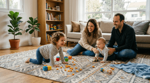 בין חיוכים, זחילות ופירורי במבה: איך בוחרים שטיח ששורד את חיי המשפחה (ונראה מעולה)?