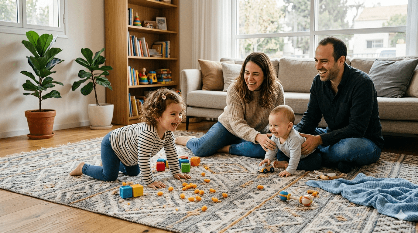 בין חיוכים, זחילות ופירורי במבה: איך בוחרים שטיח ששורד את חיי המשפחה (ונראה מעולה)?